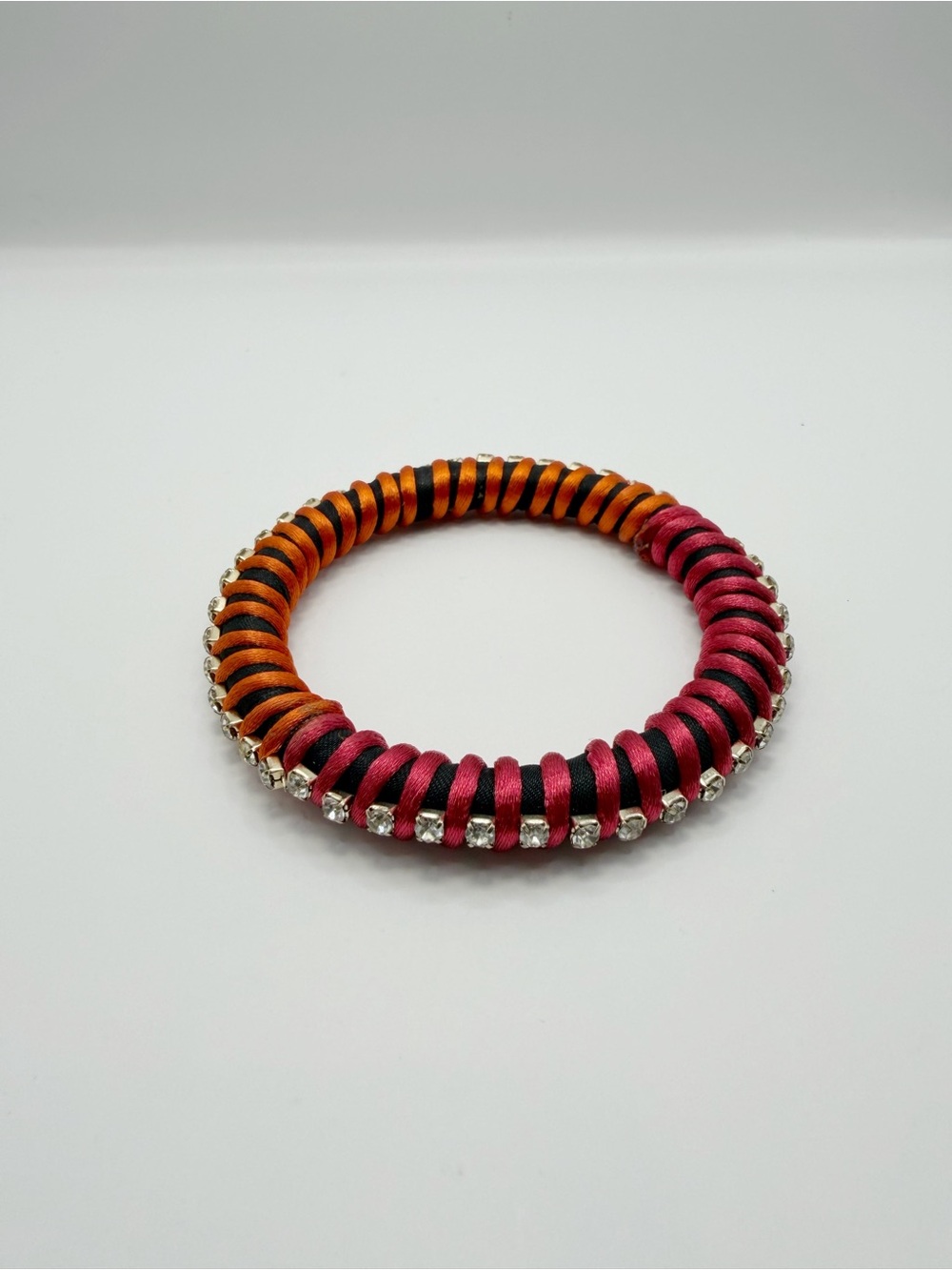 Orange Hot Pink Silk Thread Bangle | Rhinestone Chain Border Statement Bangle - Picture 13 of 14